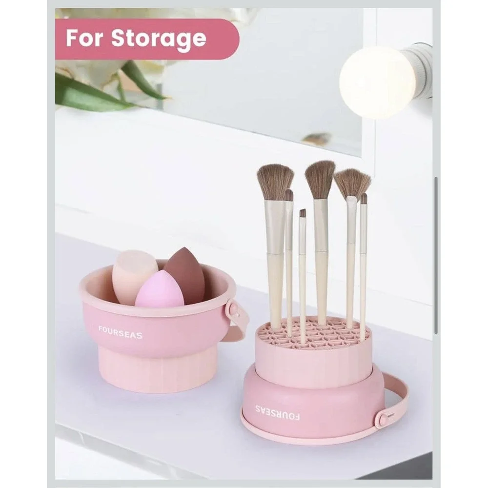 Makeup Brush Cleaner Mat 3 in 1 Silicone Makeup Brush Cleaner Bowl Cosmetic Pink